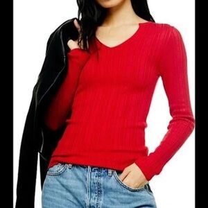 Topshop Red Ribbed Long-sleeve Split Neck Sweater